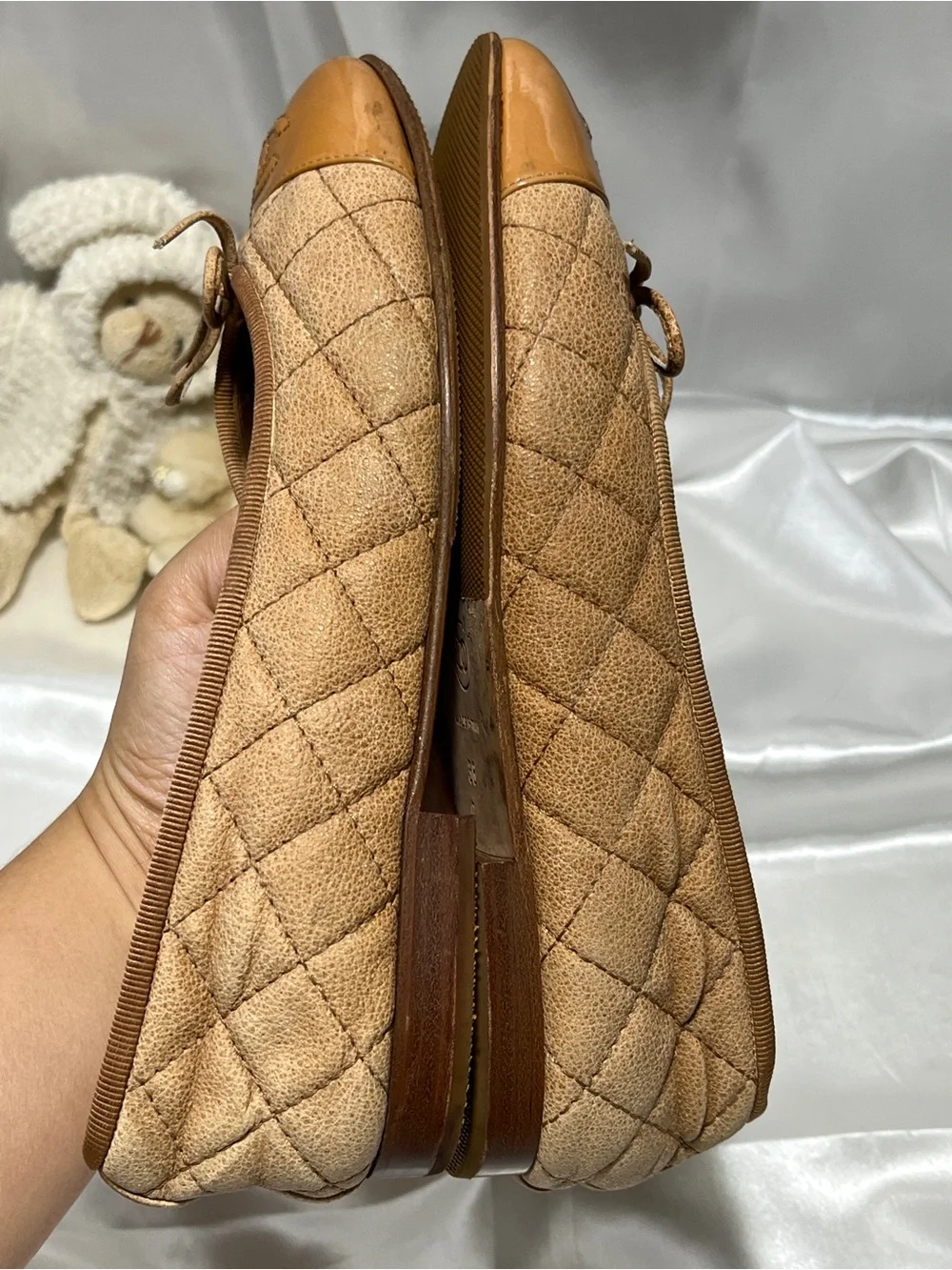 CHANEL Quilted Ballet Flats with Patent Camel Toe Cap